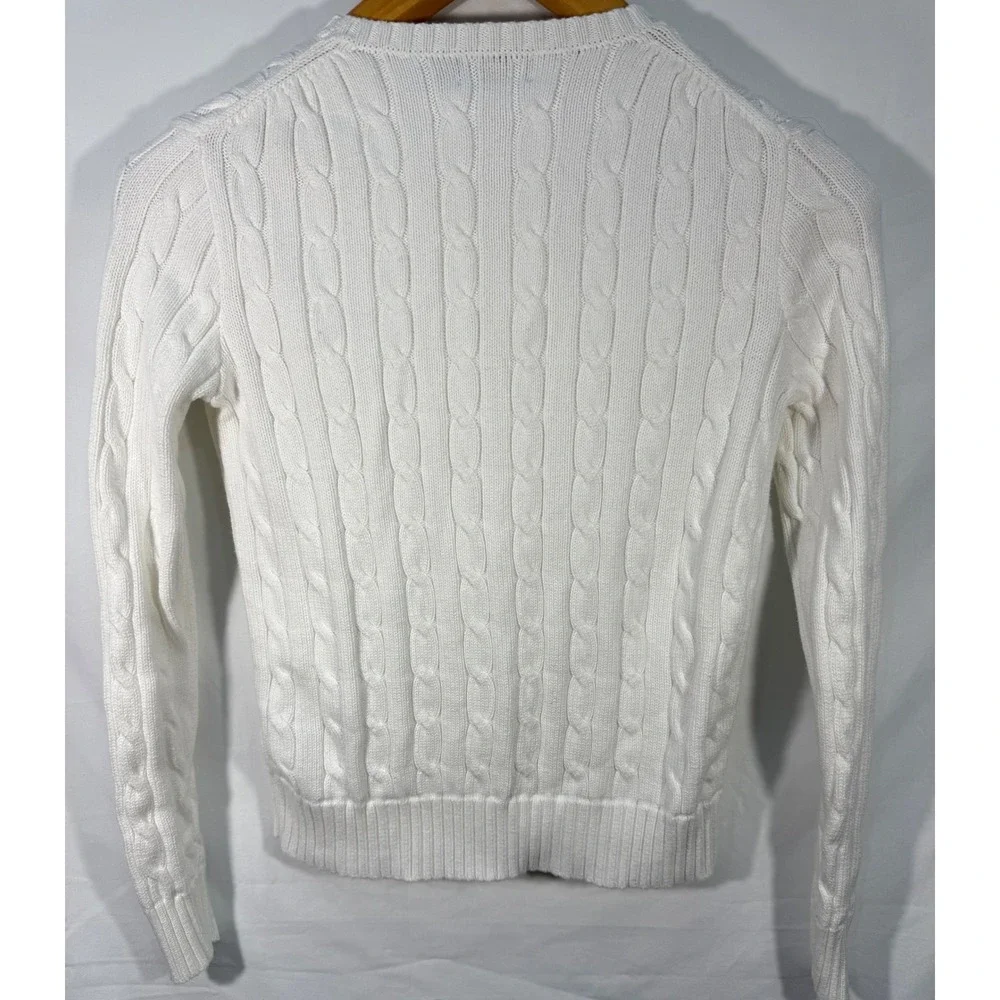 Polo Ralph Lauren White Cable Knit Cotton Sweater Crew Neck Navy Pony Small SP